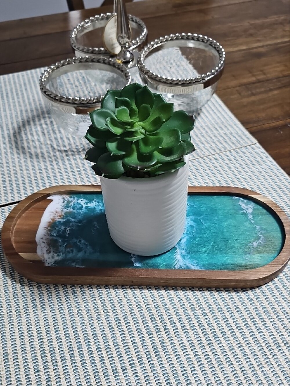Teal Ocean Resin Acacia Wood Tray - Decorative Home Accent - Picture 5 of 11